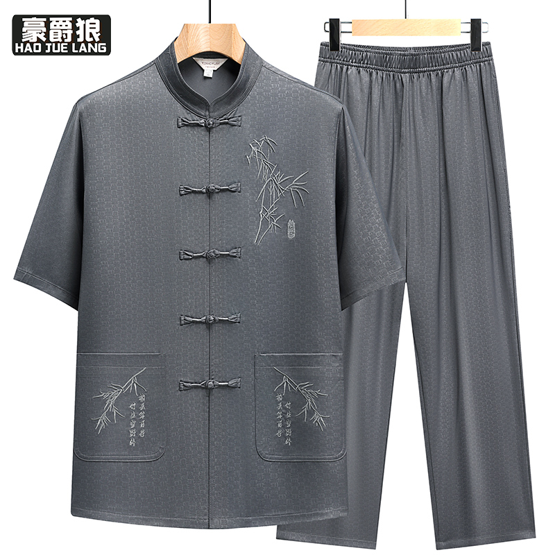 13627047.新款新中式唐装男士短袖套装夏季中老年爸爸装刺绣龙纹中国风汉服