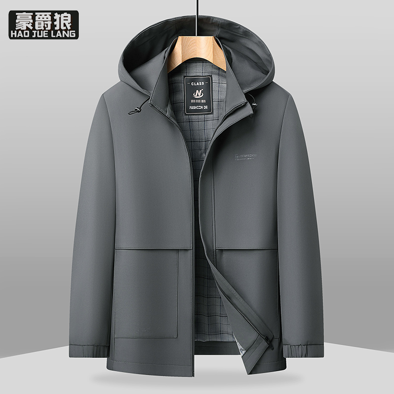 13627043.时尚男士夹克外套舒适春季新款连帽商务休闲抗皱防风春秋爸爸上衣