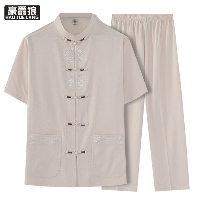 13626964.夏季套装男士中国风仿棉麻唐装衣服中式短袖衬衫爸爸装老年