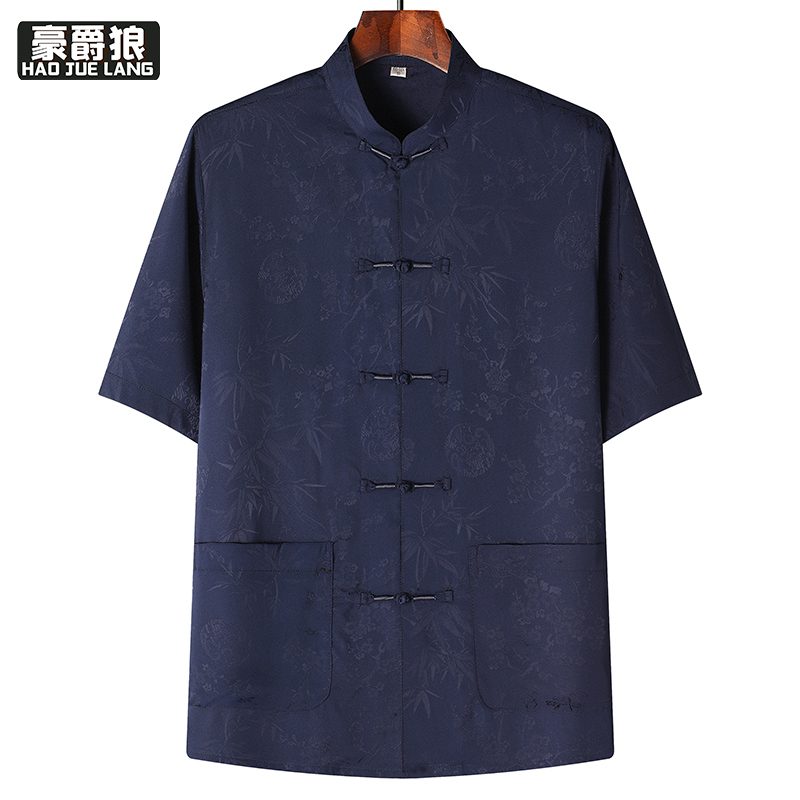13626940.唐装民族风冰丝短袖爸爸夏装薄款上衣中老年人爷爷夏季衣服男汉服