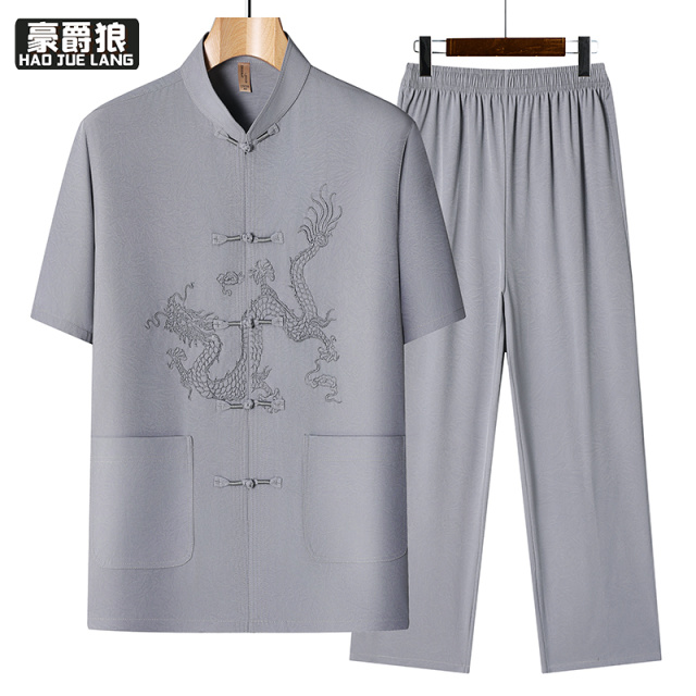 13626955.唐装男中老年人新中式国风夏季宽松休闲衬衫爷爷短袖爸爸夏装套装