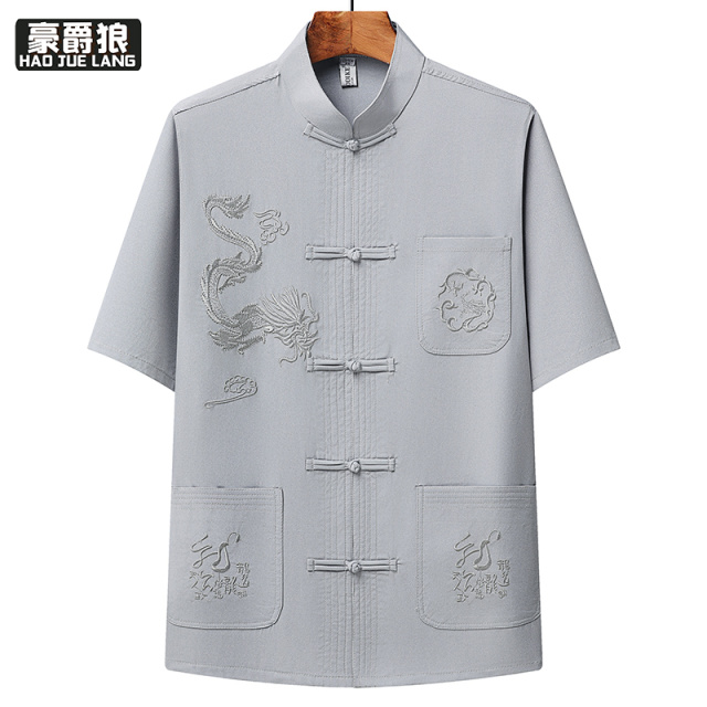 13627022.中老年唐装男士夏季款上衣短袖男套装爸爸夏装老年人爷爷宽松衣服