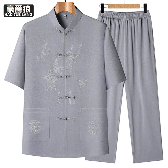 13626959.中老年唐装男爸爸夏装薄款冰丝棉短袖套装中国风爷爷老人休闲汉服