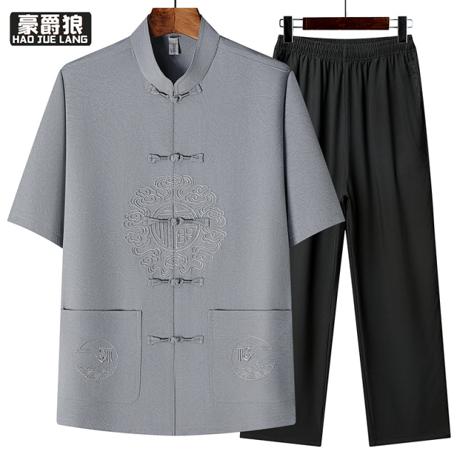 13627026.夏季短袖唐装中老年人新中式爷爷爸爸装生日过寿套装冰丝居家服薄