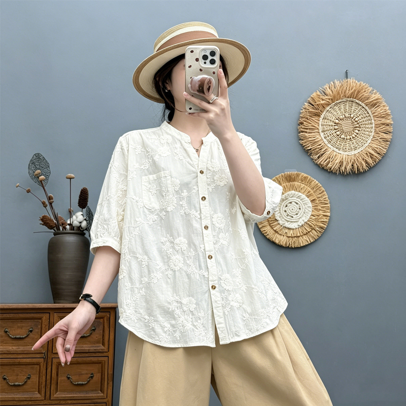 13626657.初云紫衣夏装 女宽松显瘦V领短袖衬衫五分袖上衣复古刺绣休闲衬衣2699