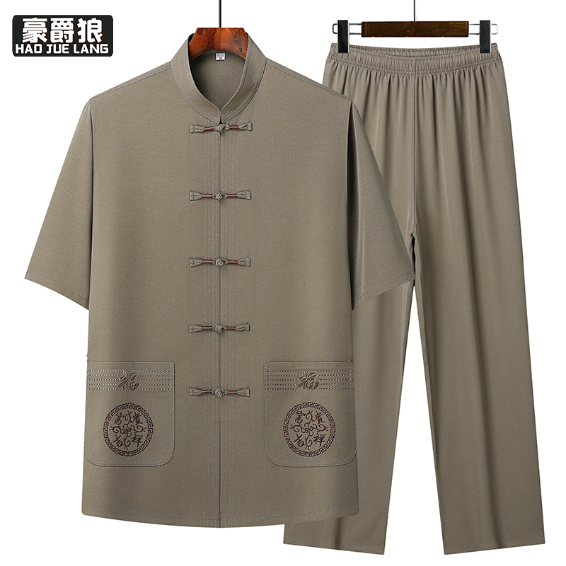 13627063.夏季套装冰丝短袖衬衫男爸爸装运动套装中老年爷爷装宽松版两件套