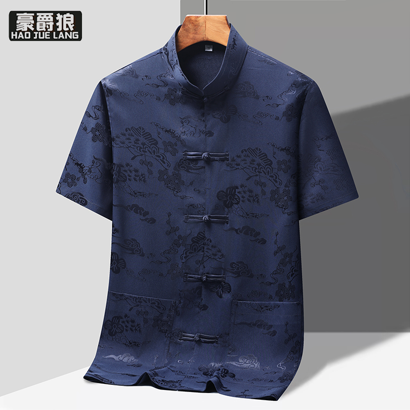 13626921.唐装男冰丝短袖衬衫夏季中老年爸爸装薄款上衣老人衣服爷爷中国风