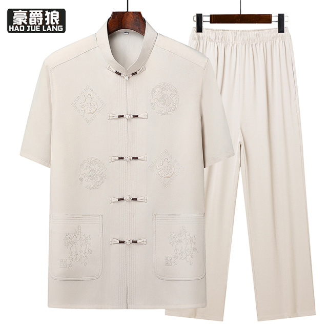 13626967.中老年男士夏季短袖薄款唐装爸爸休闲太极服爷爷套装中国风