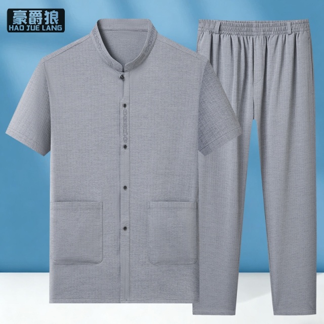13627025.男士唐装夏季中国风短袖衬衫搭配长裤套装复古民族风新中式两件套