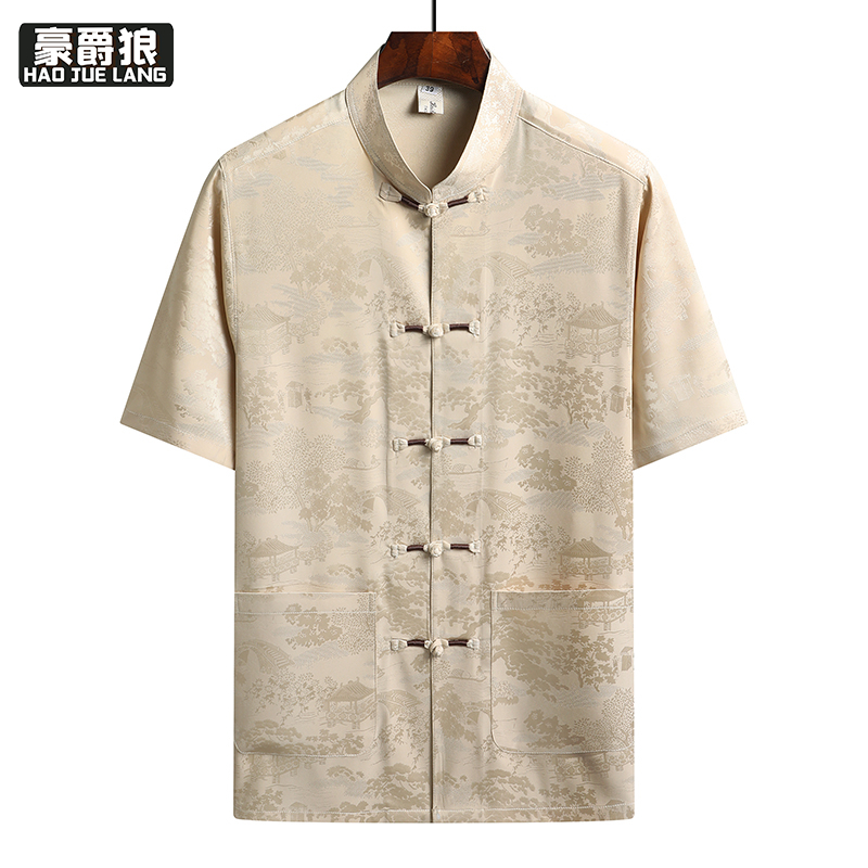 13627064.夏季爸爸冰丝短袖衬衣男中国风唐装中老年人爷爷男装上衣休闲寸衫
