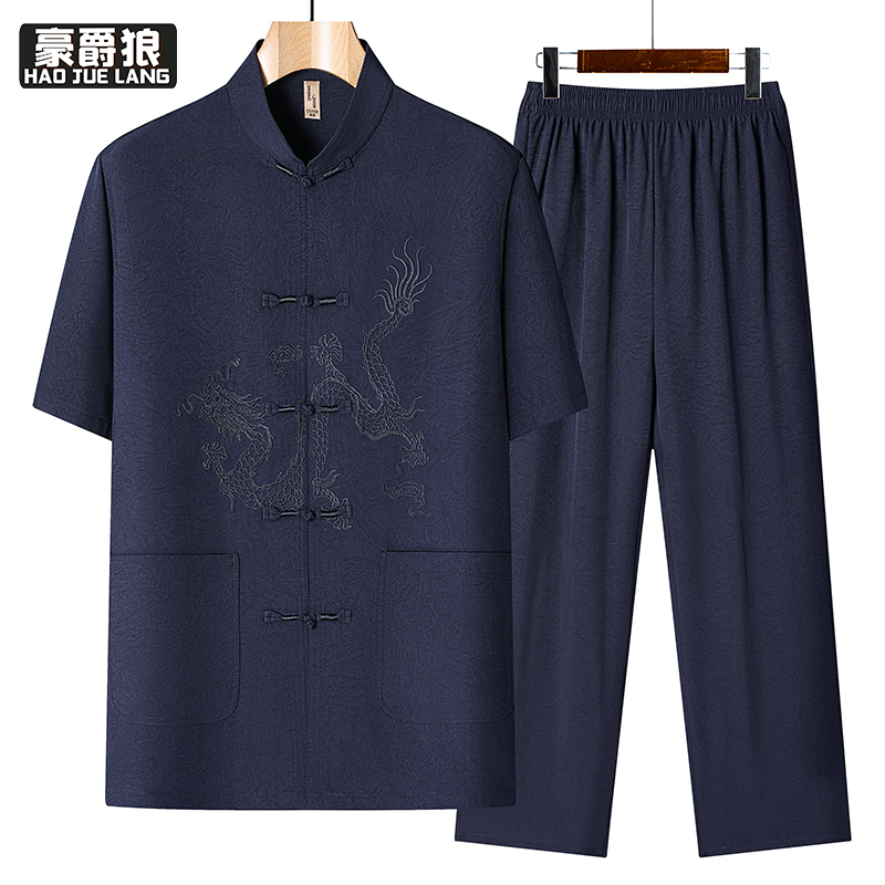 13626955.唐装男中老年人新中式国风夏季宽松休闲衬衫爷爷短袖爸爸夏装套装