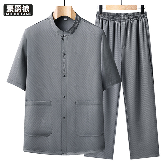 13627038.爸爸开衫两件套宽松装冰丝男士衬衫薄中老年夏季上衣爷爷衣服套装