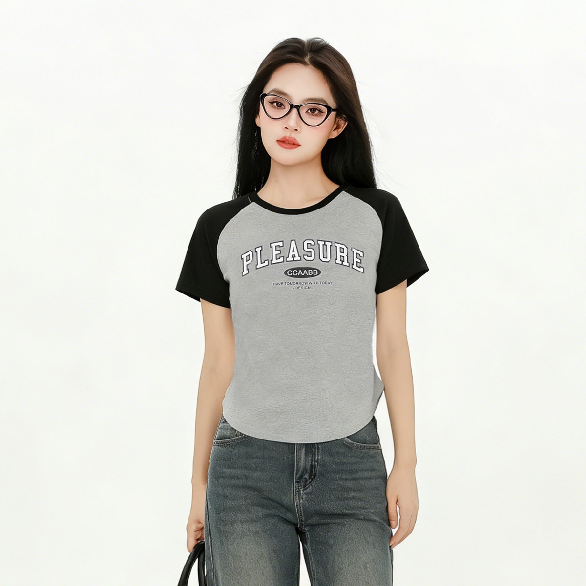 13715477.it ccaabb 夏季圆领简约拼色舒适修身棉质短袖T恤女上衣
