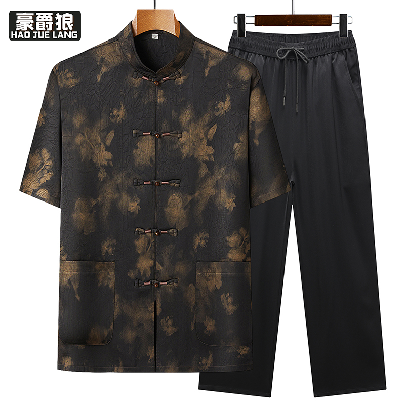 13627044.唐装男短袖爸爸夏装套装中式中老年人爷爷夏季中国风薄款复古衣服