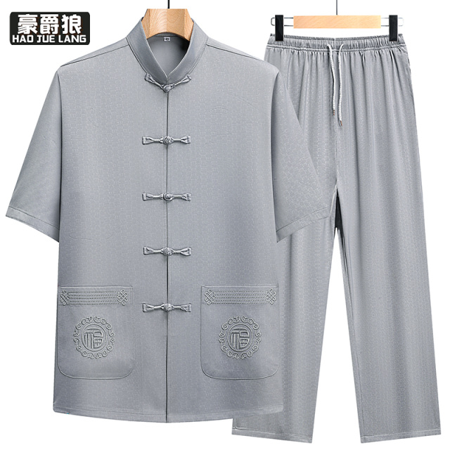 13627000.爸爸夏季冰丝套装男士中国风唐装短袖衬衫两件套中老年人爷爷衣服
