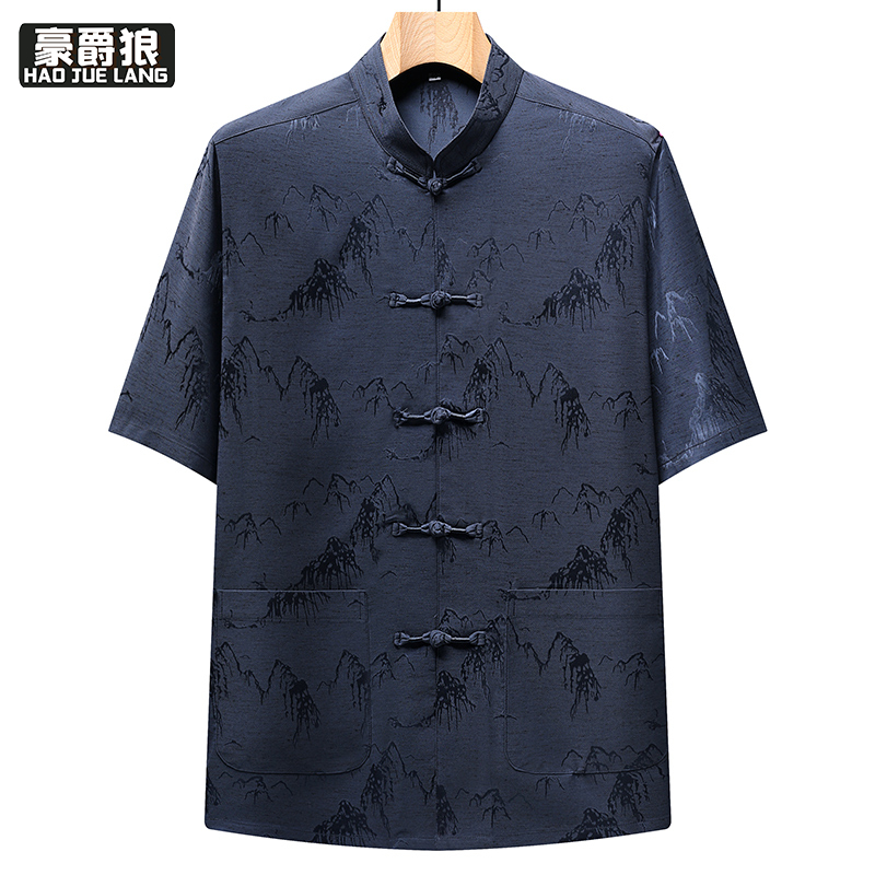 13627004.新中式唐装男中老年夏季短袖爸爸装宽松薄款爷爷装民族风上衣