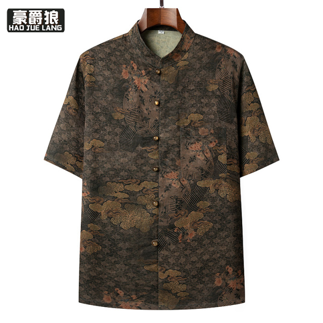 13627060.唐装短袖爸爸男士衬衫盘扣上衣夏季新款冰丝中老年人汉服男中国风