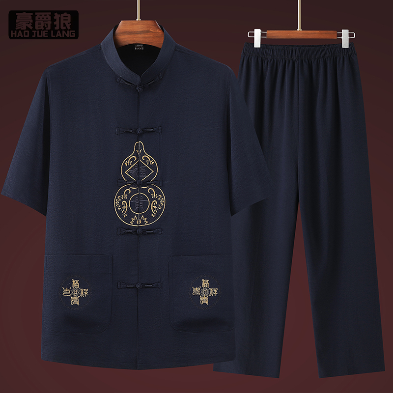 13627015.唐装男中老年夏季短袖套装中国风刺绣爸爸休闲宽松大码爷爷装薄款