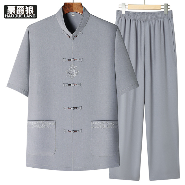 13627041.中老年男士唐装薄款夏季短袖套装爸爸装国风晨练太极服新中式汉服