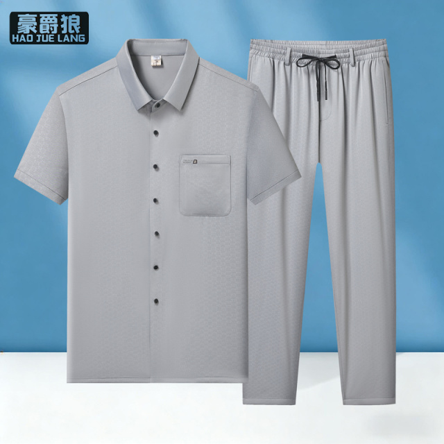 13627024.爸爸装冰丝透气套装夏季短袖休闲两件套中老年男薄款夏装爷爷衣服