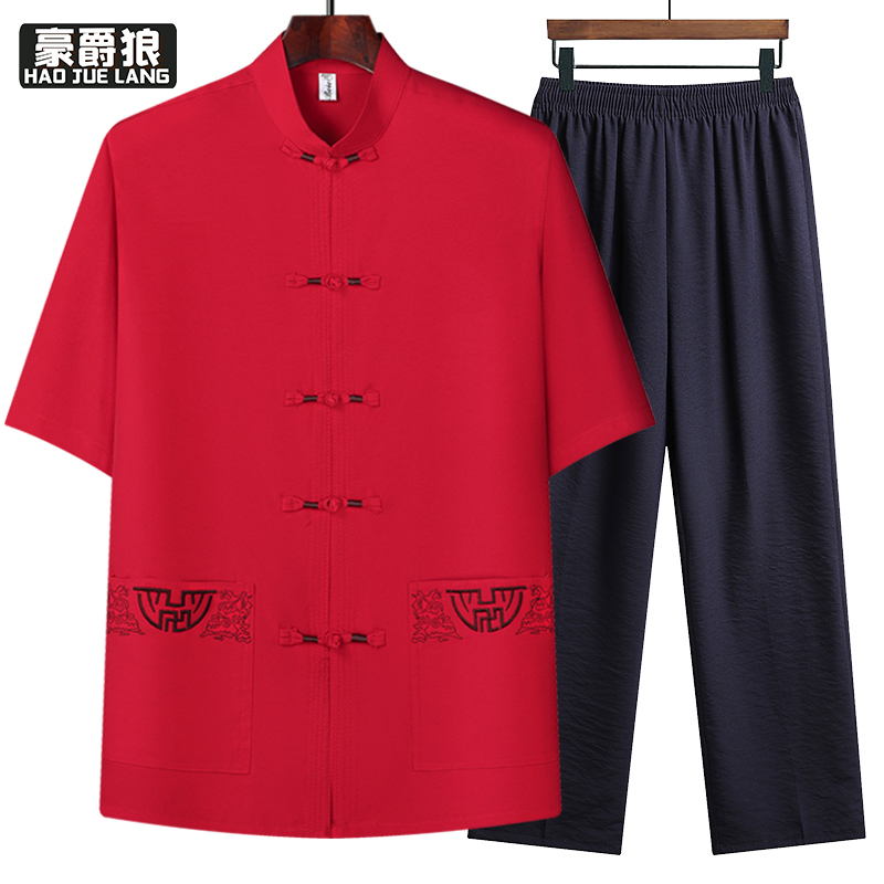 13626970.爸爸唐装透气宽松中老年男居士服新中式民族风夏季套装爷爷晨练服