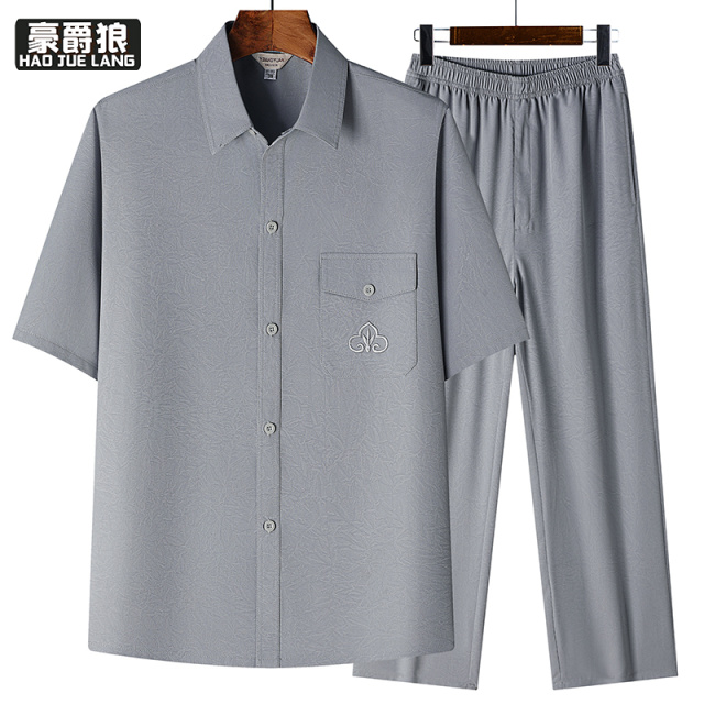 13626946.夏季中老年男士宽松衬衣透气凉爽两件套爸爸短袖套装父亲休闲衬衫