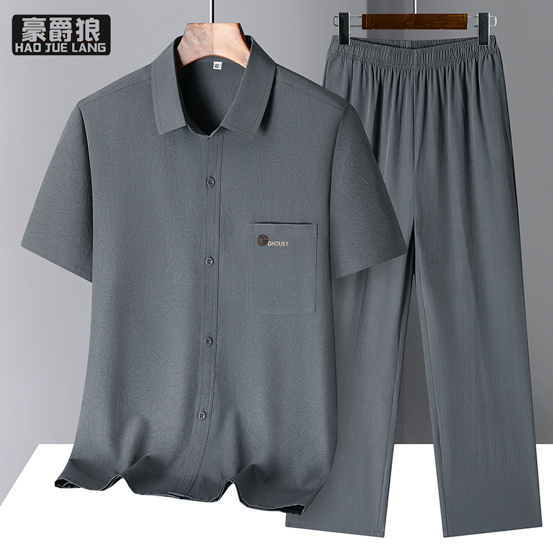 13626925.中老年人唐装男短袖套装夏季爷爷衬衫T恤爸爸衬衣夏装老人衣服男