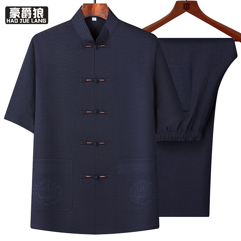 13626937.唐装男中老年夏季短袖套装爸爸装中国风半袖汉服老人衣服爷爷套装