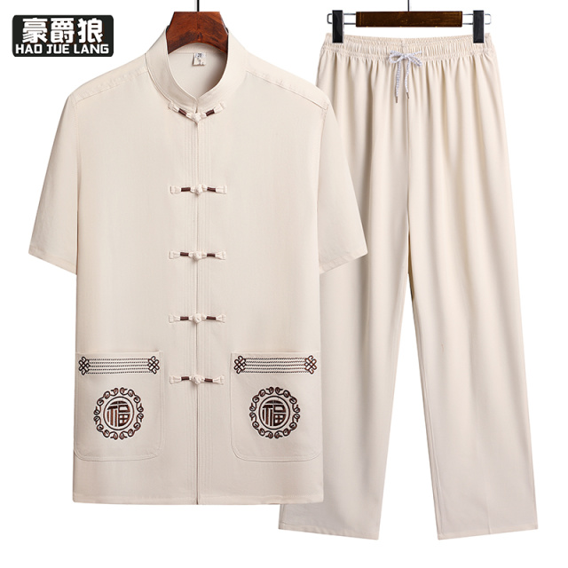 13626968.夏季唐装男短袖套装中老年人男夏装爸爸薄款冰丝棉麻衬衫爷爷衣服