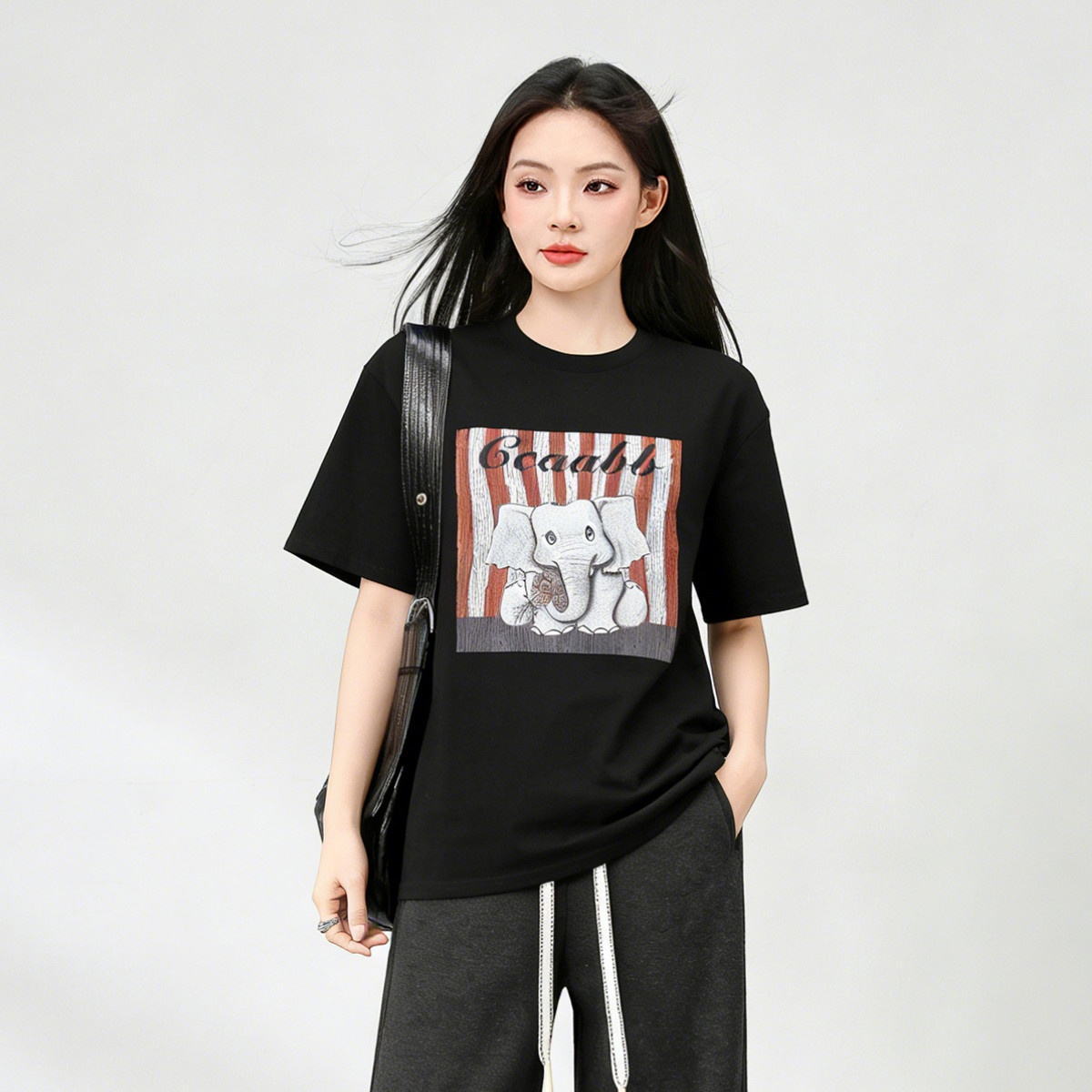 13715496.ccaabb潮流短袖2025夏季个性百搭小象印花T恤偏大一码