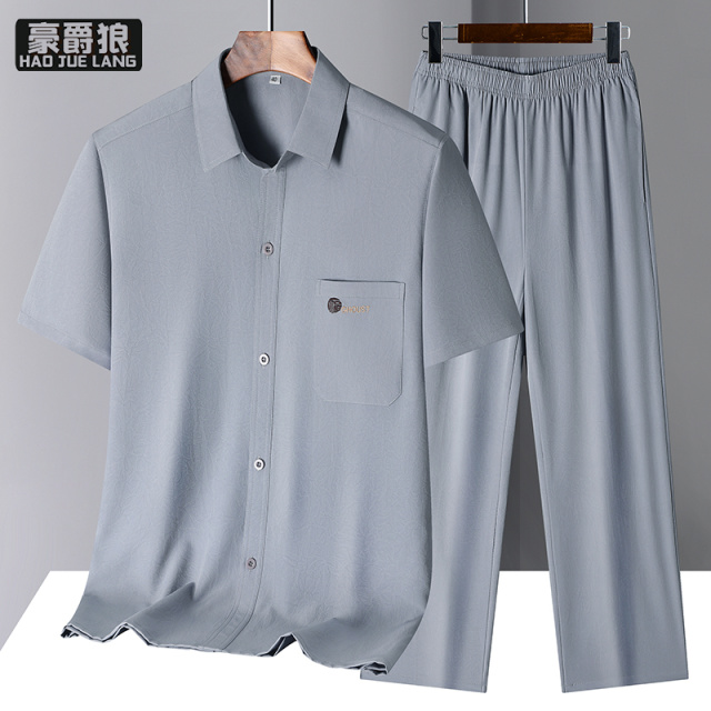 13626925.中老年人唐装男短袖套装夏季爷爷衬衫T恤爸爸衬衣夏装老人衣服男