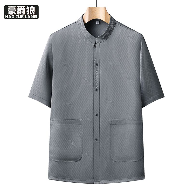 13627082.爸爸短袖衬衫中年男士夏装上衣短袖衬衣质感中老年人爷爷夏季薄款