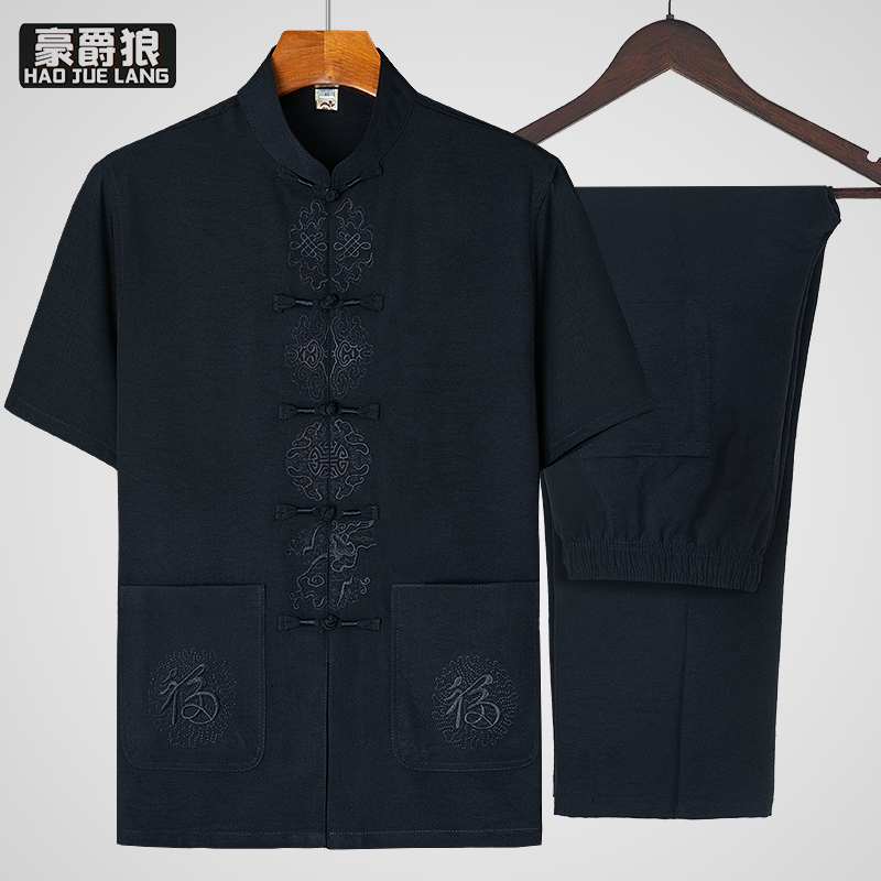 13626924.夏季唐装男短袖套装中老年人男夏装爸爸薄款冰丝棉麻衬衫衣服爷爷