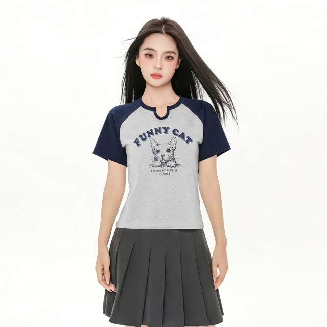 13715442.it ccaabb夏季小猫印花甜妹减龄T恤小圆领拼色短袖上衣