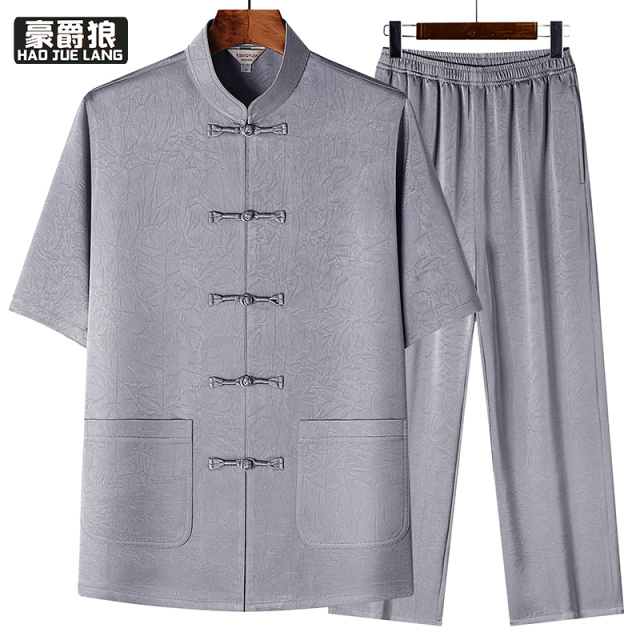 13626952.夏季短袖唐装男中老年爸爸装冰丝薄款宽松休闲透气老人套装