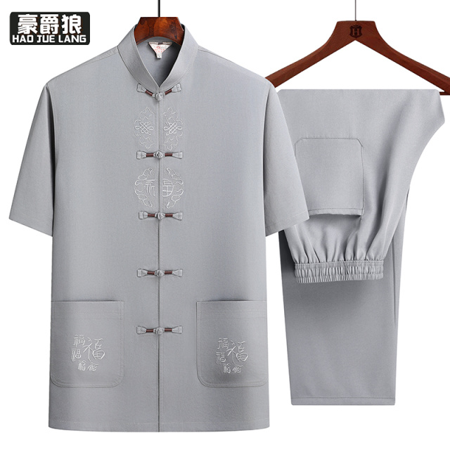 13626942.冰丝唐装男夏季中老年薄款爸爸夏装老人爷爷刺绣爷爷汉服短袖套装
