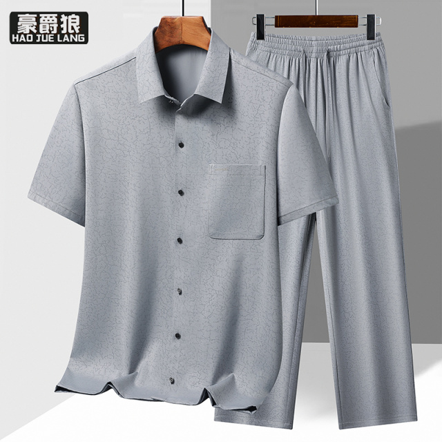 13627053.新中式夏季中老年宽松衬衫短袖男中国风爸爸装透气薄款两件套