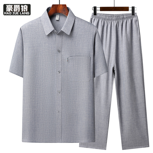 13626947.夏季新款中老年人男士短袖衬衫套装新中式爷爷夏装薄款两件套衬衣