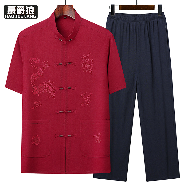 13626963.唐装男士中老年人套装爷爷夏季中国风爸爸装休闲宽松薄款短袖汉服