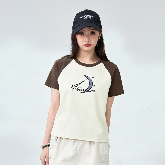 13715450.it ccaabb 夏季圆领简约拼色舒适修身休闲短袖T恤女