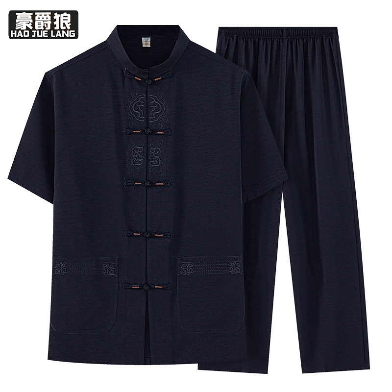 13626964.夏季套装男士中国风仿棉麻唐装衣服中式短袖衬衫爸爸装老年