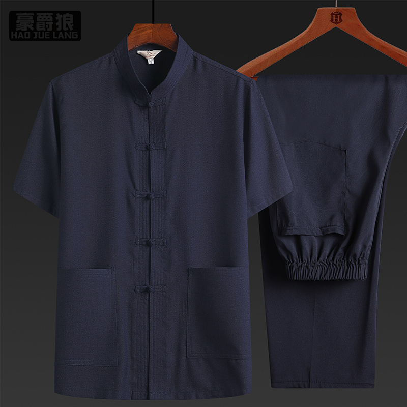 13626916.汉服唐装男短袖休闲棉麻套装爸爸装夏装中老年人中国风男爷爷大码