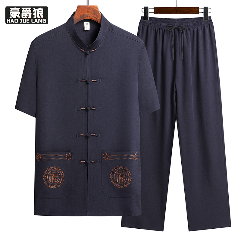 13626968.夏季唐装男短袖套装中老年人男夏装爸爸薄款冰丝棉麻衬衫爷爷衣服
