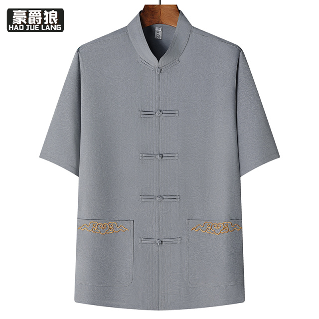 13627019.中老年夏季上衣唐装男士冰丝短袖中国风爸爸爷爷汉服生日宴会礼服