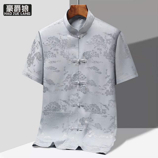 13626921.唐装男冰丝短袖衬衫夏季中老年爸爸装薄款上衣老人衣服爷爷中国风
