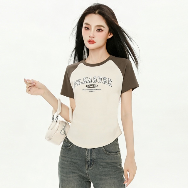 13715477.it ccaabb 夏季圆领简约拼色舒适修身棉质短袖T恤女上衣