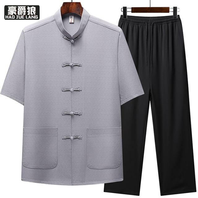 13626930.夏季薄款唐装男短袖套装中老年人国风爸爸夏装爷爷装衣服