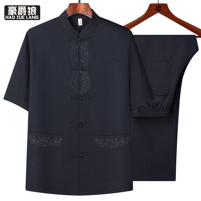 13626928.新款爸爸夏装唐装男中老年夏季短袖爷爷立领中式衣服老人冰丝套装