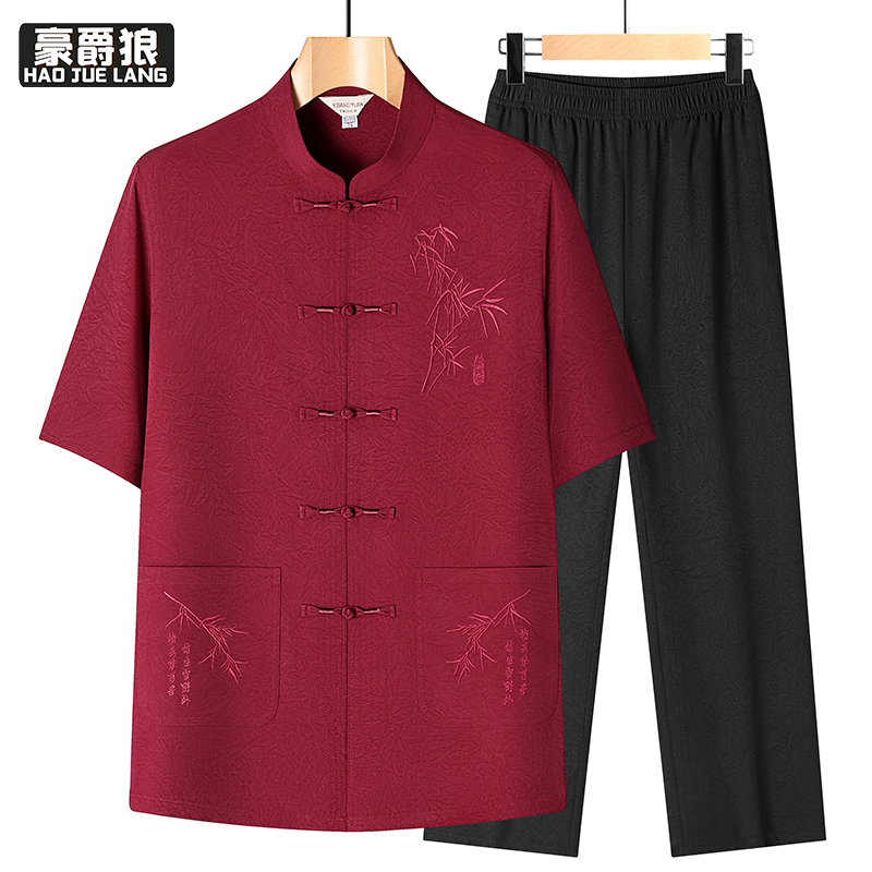 13627045.新中式国风爸爸唐装爷爷夏装套装中老年人男士短袖冰丝衣服薄