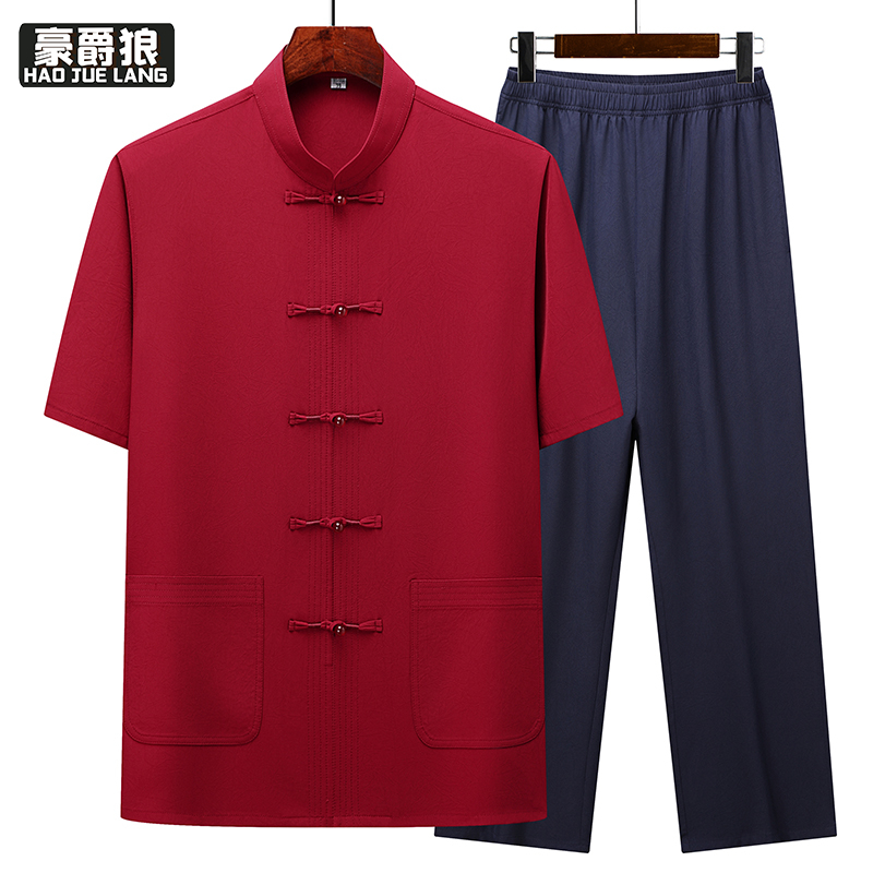13627077.唐装男士夏季爸爸短袖套装中国风立领父亲装中式衣服老人爷爷汉服